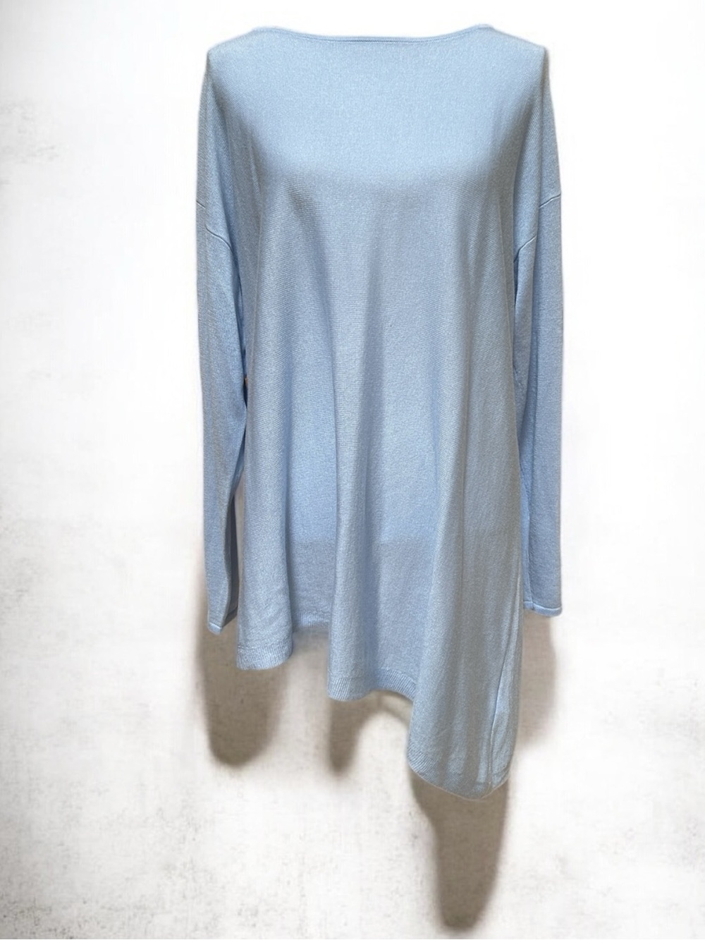 Eileen Fisher Blue Marino Wool Knit Blend Long Sleeve Asymmetrical Hem Tunic Lrg